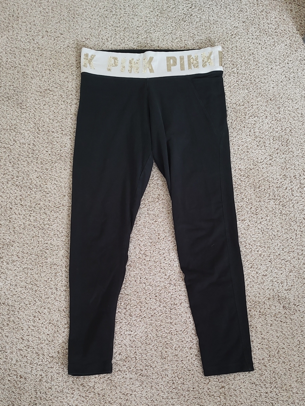 PINK Victoria's Secret Black Leggings with White Waistband and Gold Logo